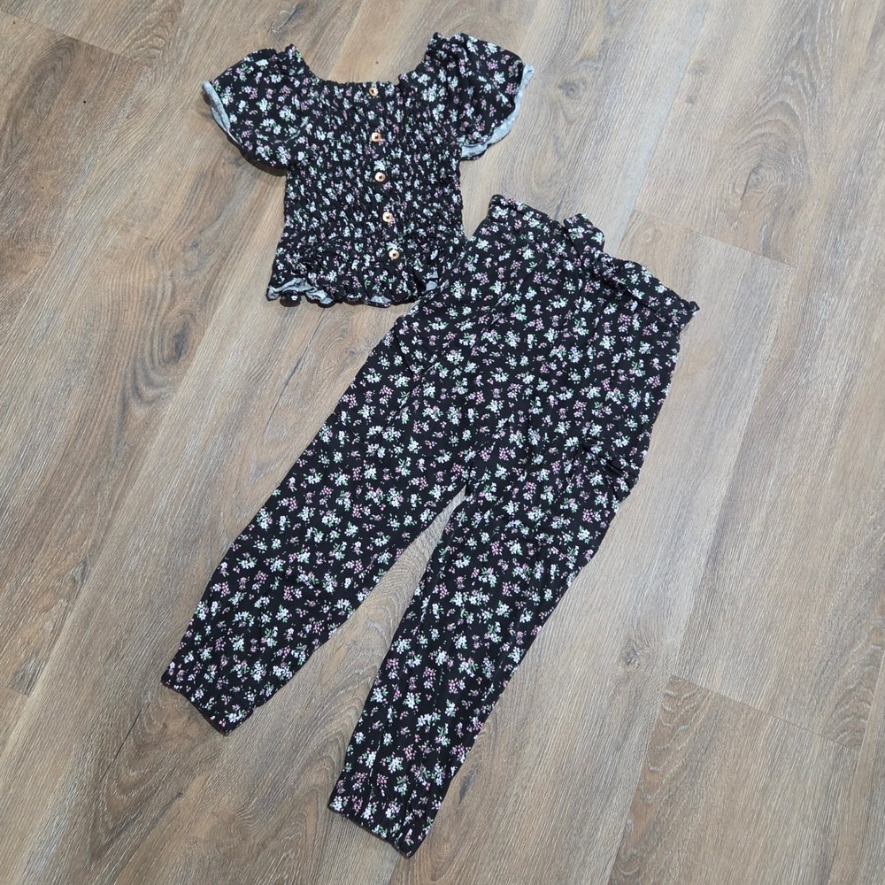 Lemon Kiss Girls 2 Piece Floral Smocked Top and Paperbag Pants Set Black 6X